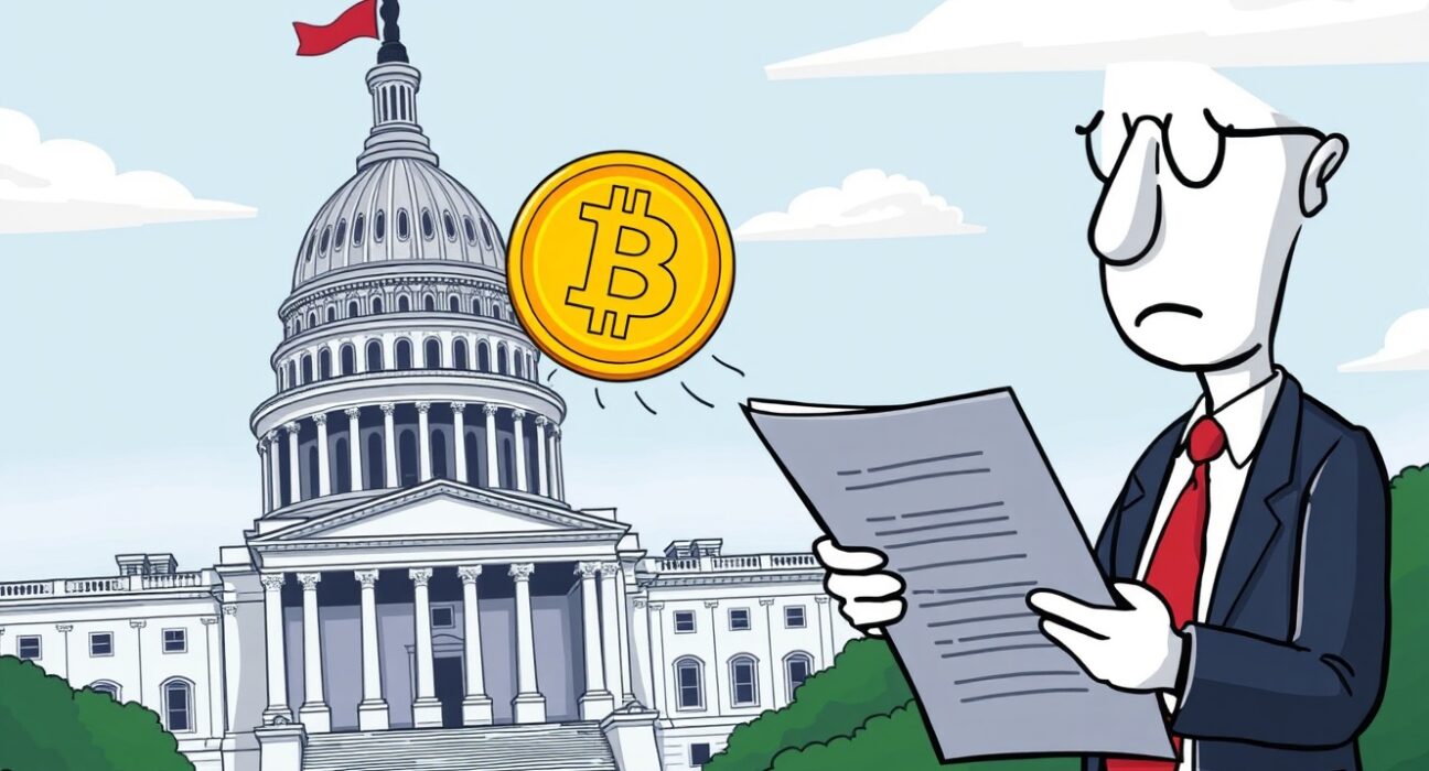 Cartoon showing US Treasury considering Bitcoin strategic reserves for national security.