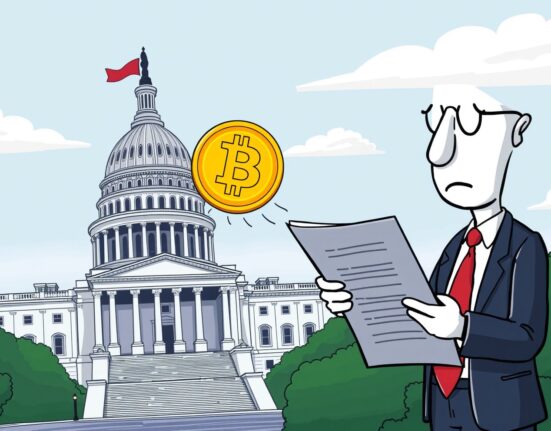 Cartoon showing US Treasury considering Bitcoin strategic reserves for national security.