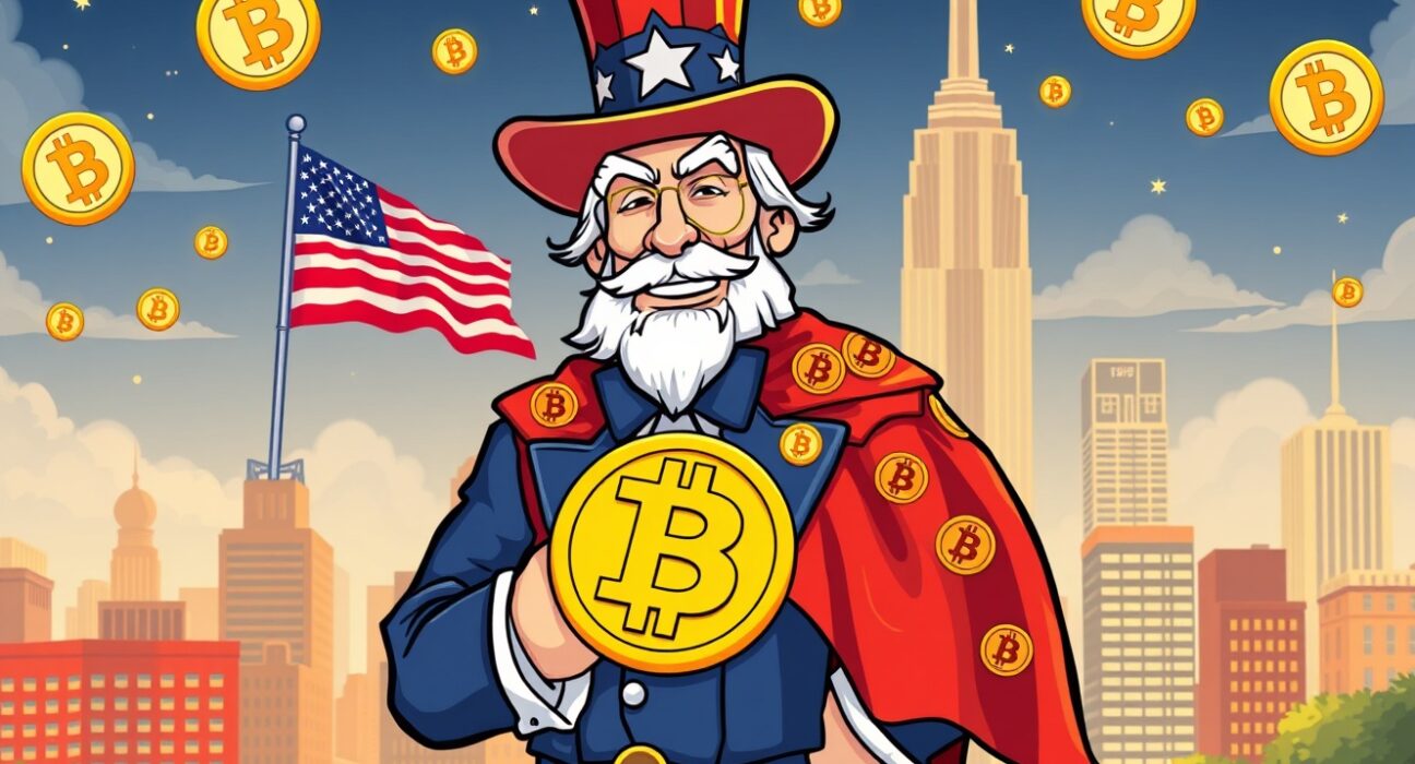 America emerging as Bitcoin superpower with digital currency symbols and patriotic imagery