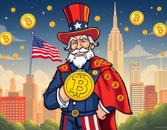 America emerging as Bitcoin superpower with digital currency symbols and patriotic imagery