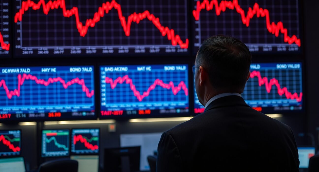 Trader observing declining bond yield charts on digital screens in a dimly lit trading floor.
