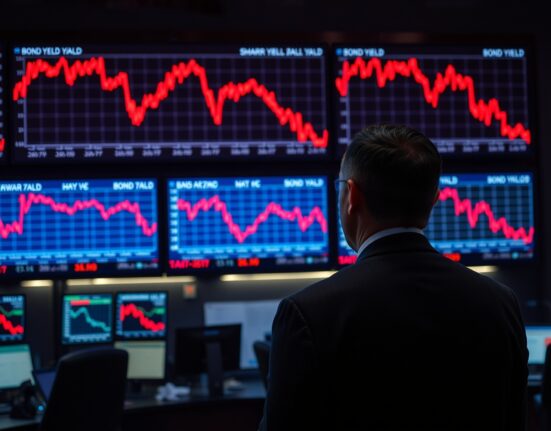 Trader observing declining bond yield charts on digital screens in a dimly lit trading floor.