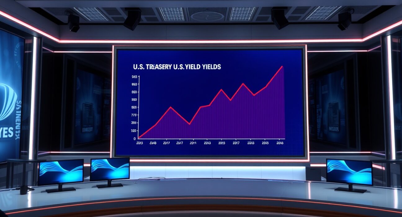 Financial news screen showing rising U.S. Treasury bond yields in a modern news studio