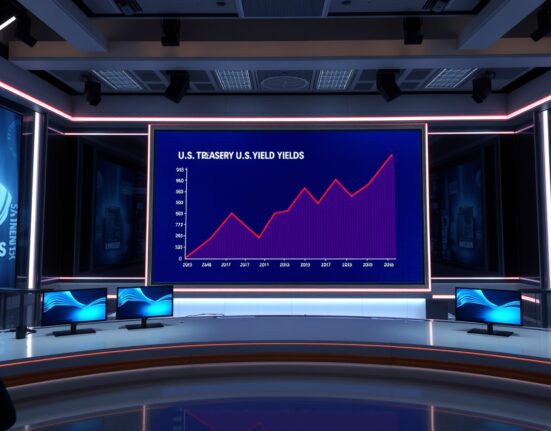 Financial news screen showing rising U.S. Treasury bond yields in a modern news studio