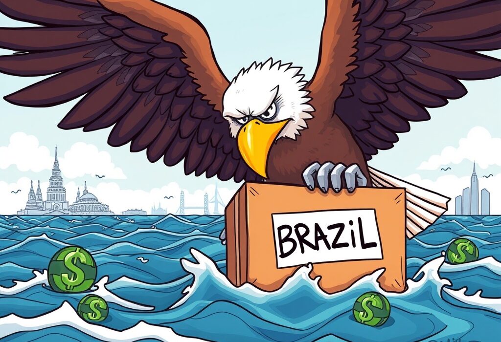Cartoon showing the US imposing significant US Brazil tariffs, illustrating the economic pressure and global trade implications.