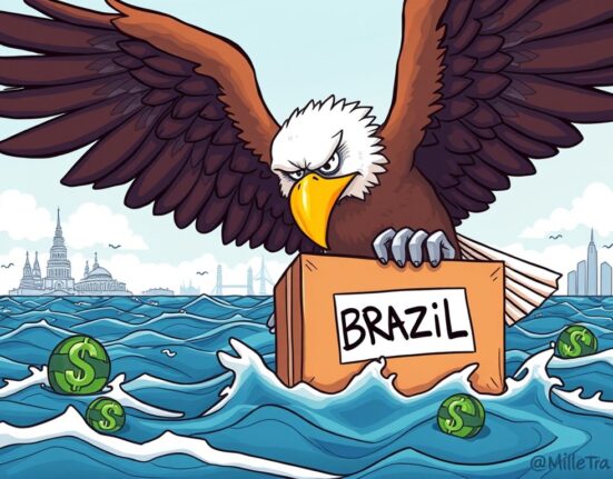 Cartoon showing the US imposing significant US Brazil tariffs, illustrating the economic pressure and global trade implications.