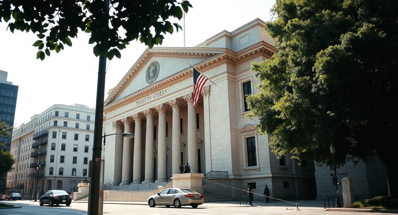US Treasury Building in Washington, D.C., on a clear morning, symbolizing federal finances.