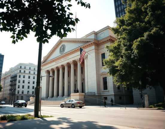 US Treasury Building in Washington, D.C., on a clear morning, symbolizing federal finances.