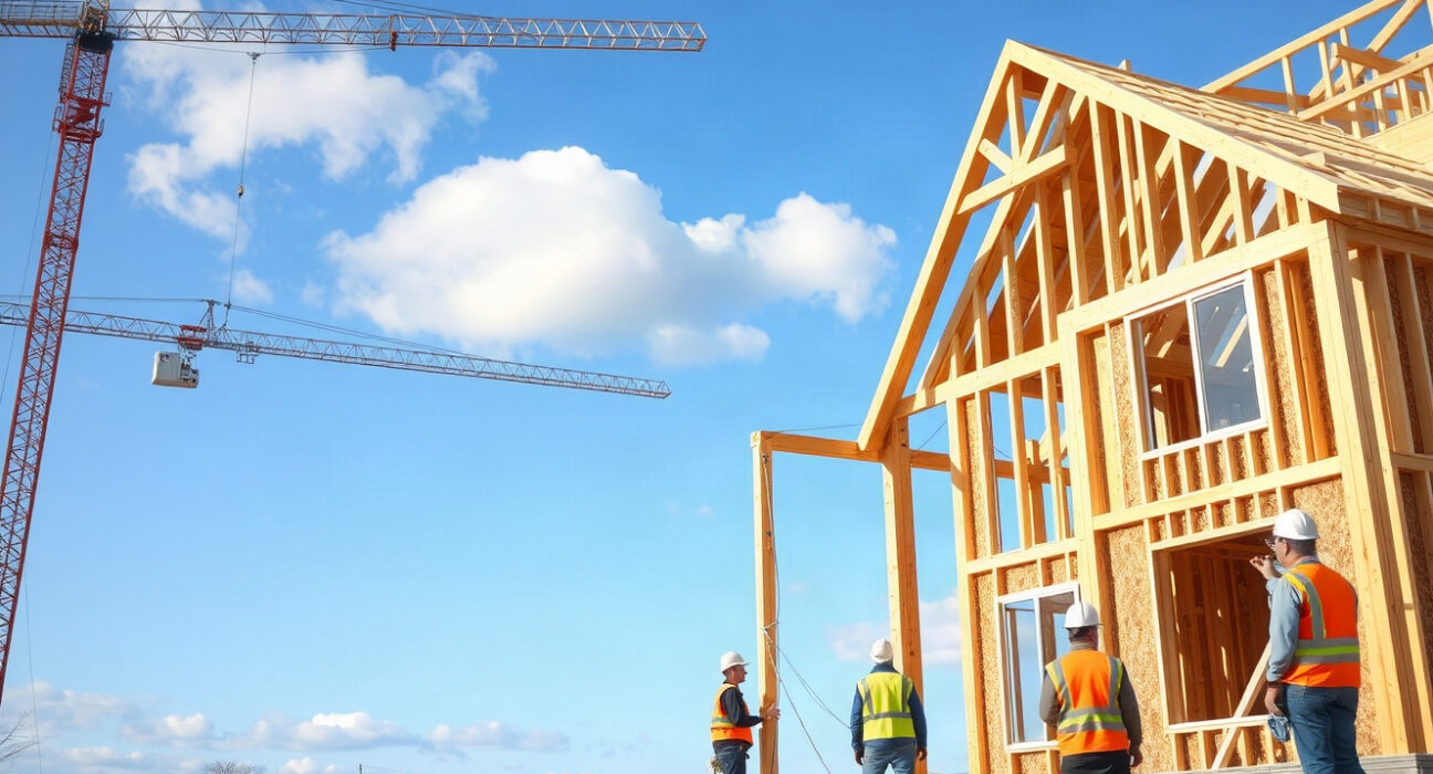 Residential construction site with workers and crane under blue sky, representing US building permits increase.