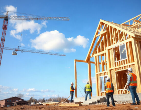 Residential construction site with workers and crane under blue sky, representing US building permits increase.