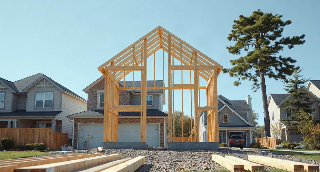 Residential construction site with wooden framing under a clear sky