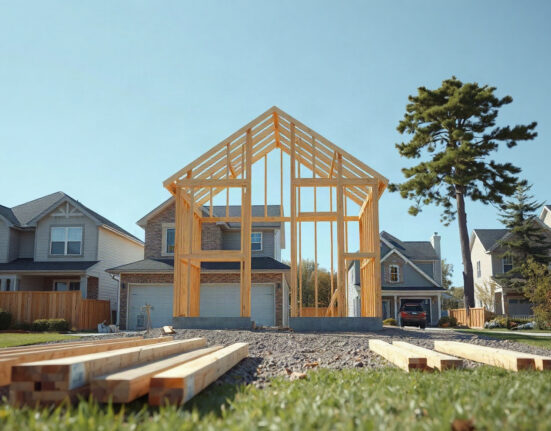 Residential construction site with wooden framing under a clear sky