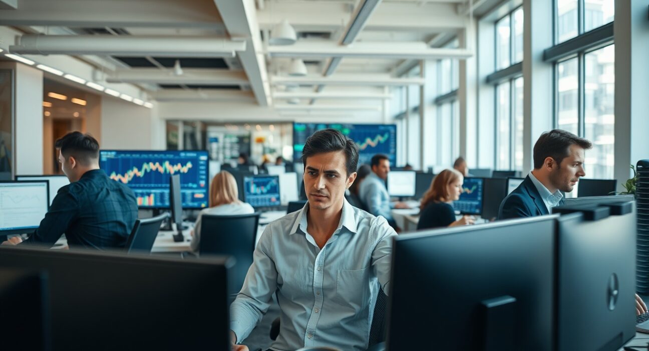 Professionals working in a modern office with financial data on screens, representing US business activity.
