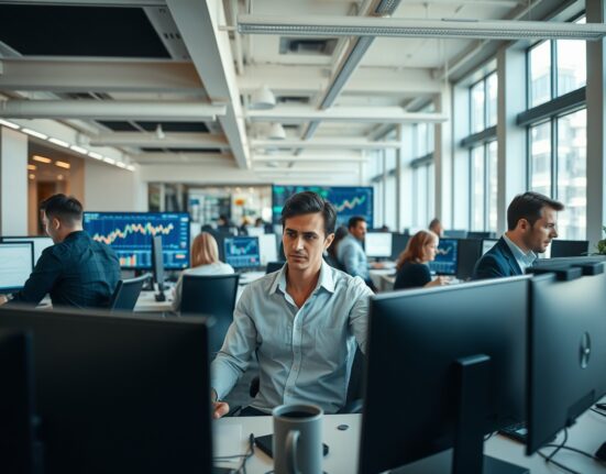 Professionals working in a modern office with financial data on screens, representing US business activity.