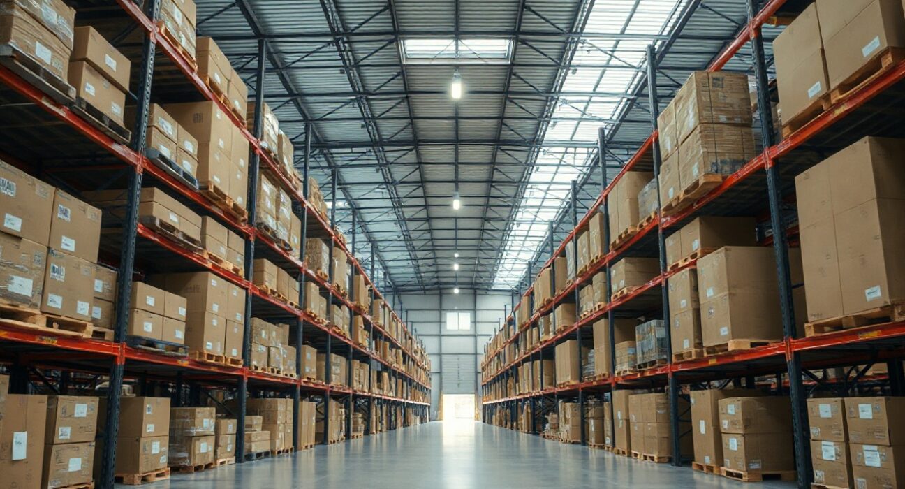 Wide view of a modern warehouse with rows of stocked shelves and boxes under bright lighting.