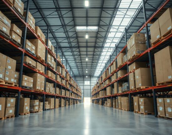 Wide view of a modern warehouse with rows of stocked shelves and boxes under bright lighting.