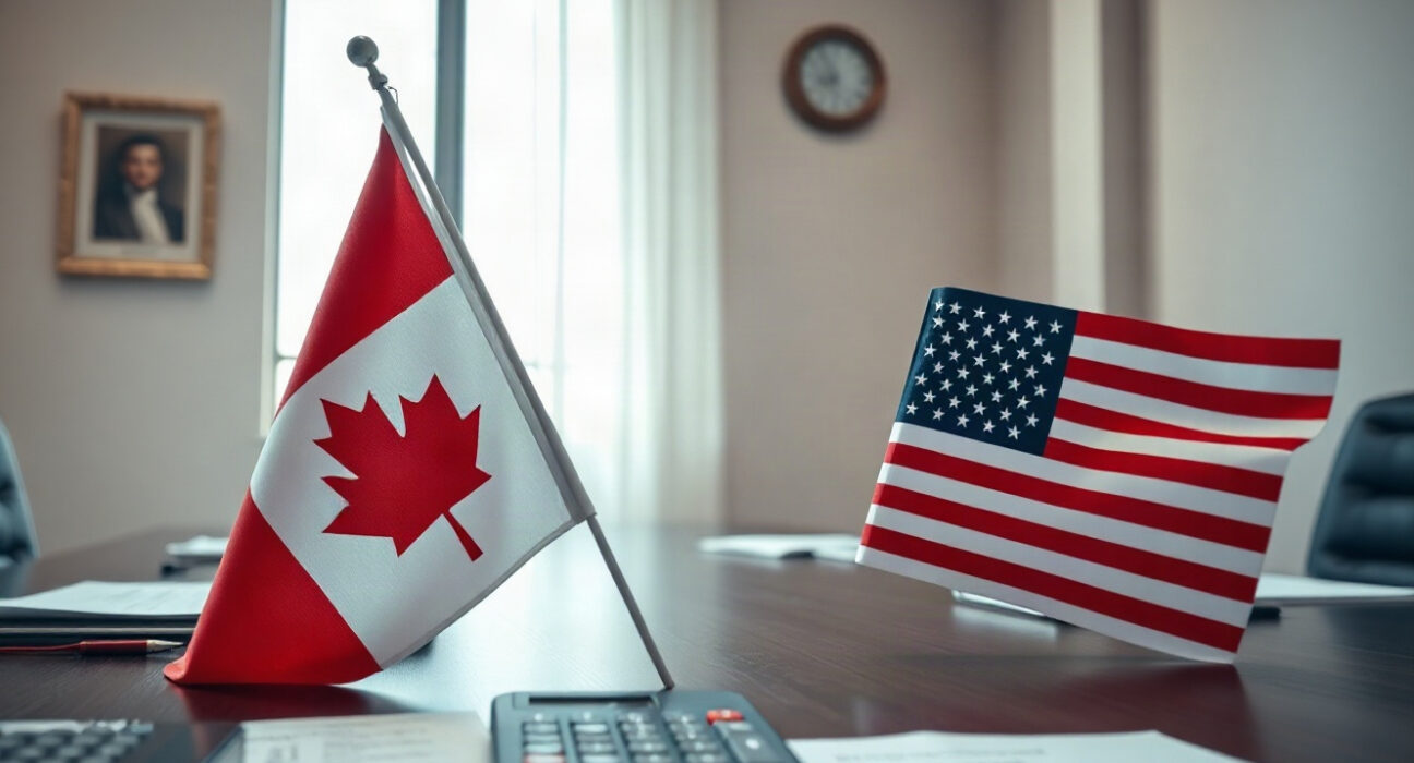 US and Canadian flags on a table with trade documents, symbolizing escalating trade tensions