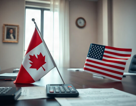 US and Canadian flags on a table with trade documents, symbolizing escalating trade tensions