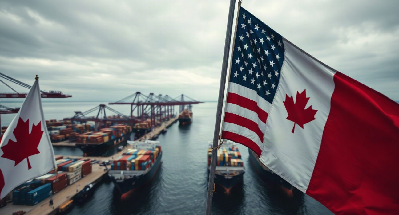 US and Canadian flags at a port with cargo ships, representing trade tensions and economic sanctions.