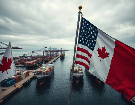 US and Canadian flags at a port with cargo ships, representing trade tensions and economic sanctions.