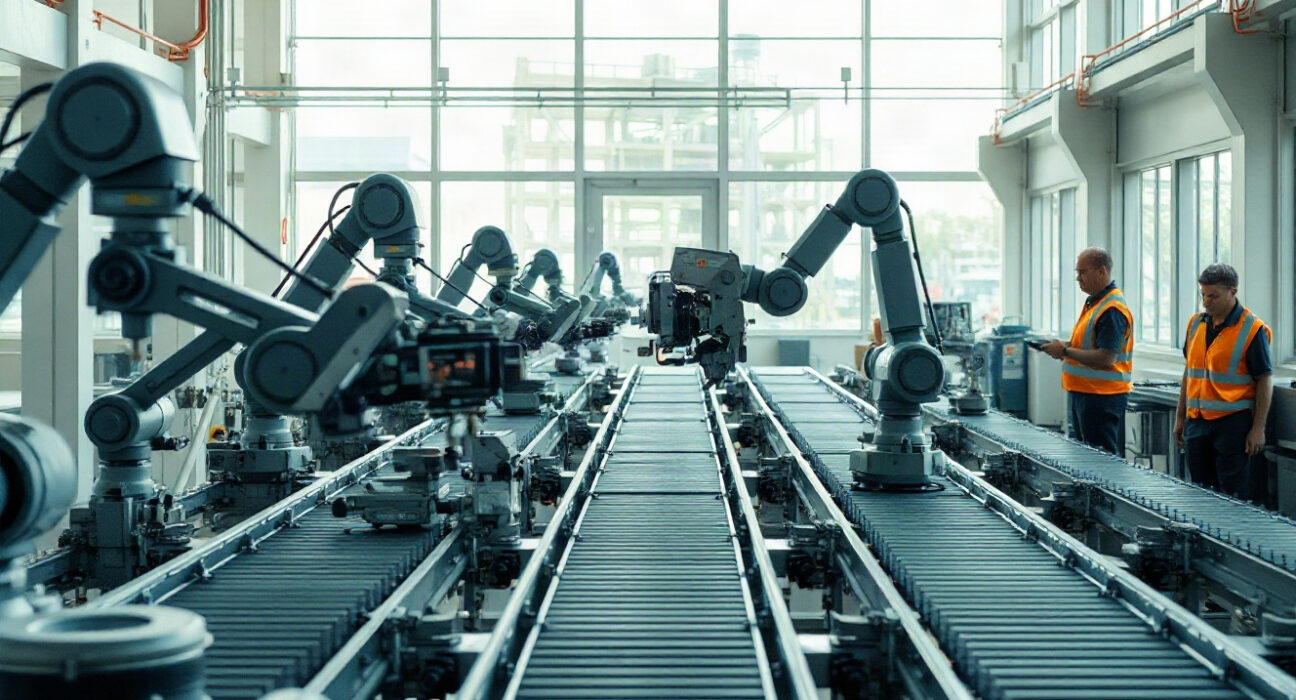 Industrial factory floor with automated machinery and workers, representing US manufacturing capacity utilization.