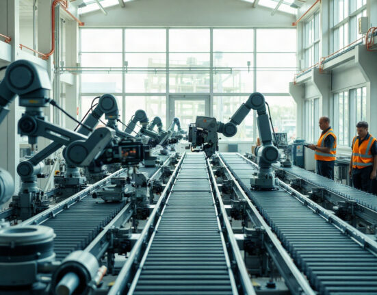 Industrial factory floor with automated machinery and workers, representing US manufacturing capacity utilization.