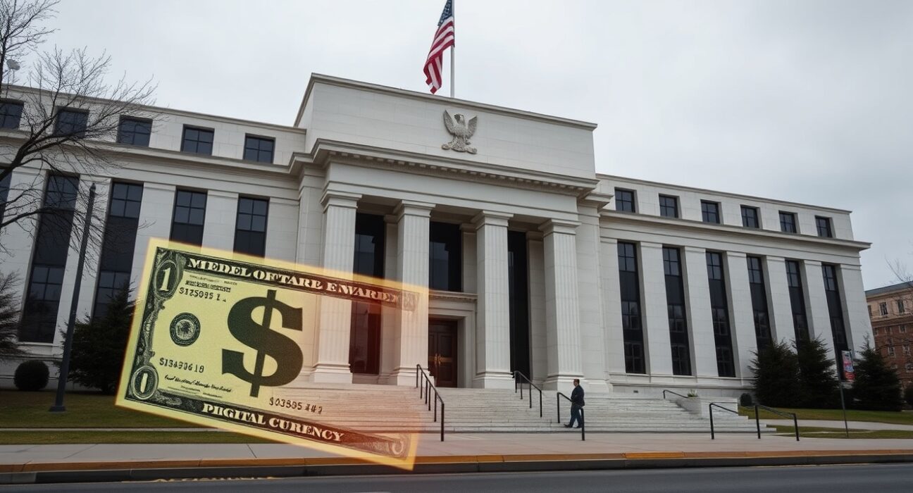 Exterior of the Federal Reserve building in Washington, D.C., with a subtle digital dollar overlay symbolizing the CBDC ban.