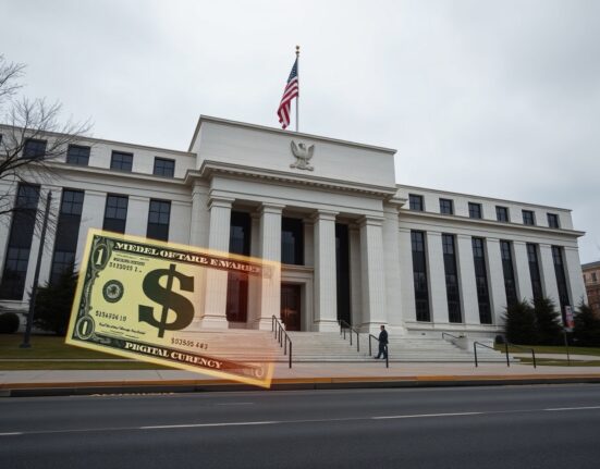 Exterior of the Federal Reserve building in Washington, D.C., with a subtle digital dollar overlay symbolizing the CBDC ban.