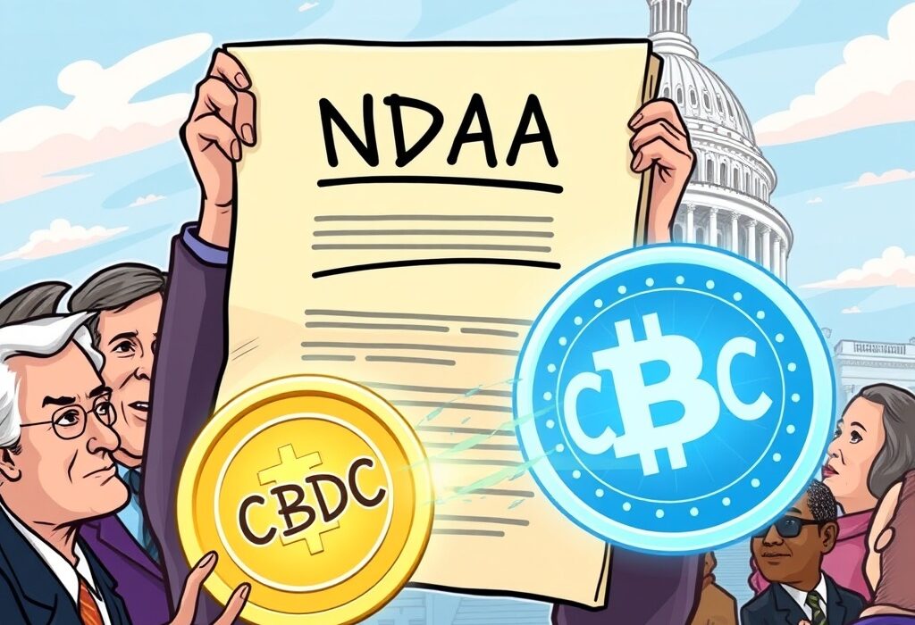 Cartoon image depicting the U.S. House blocking the development of a US CBDC within a defense bill, emphasizing legislative action.