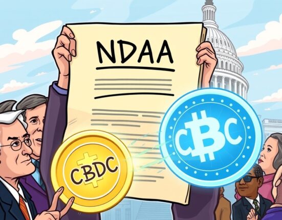 Cartoon image depicting the U.S. House blocking the development of a US CBDC within a defense bill, emphasizing legislative action.