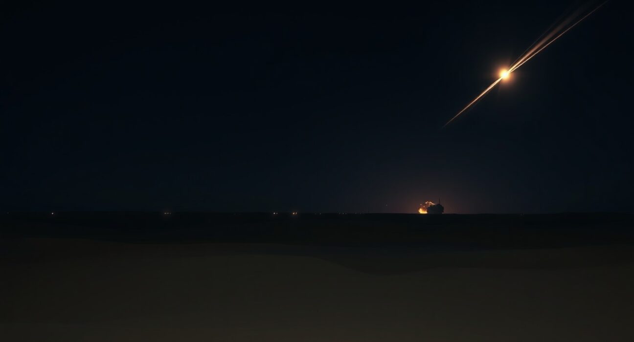 Nighttime airstrike in desert region with explosions on the horizon