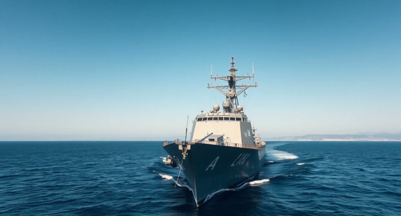 US Navy destroyer enforces CENTCOM blockade of Iranian ports in the Strait of Hormuz.
