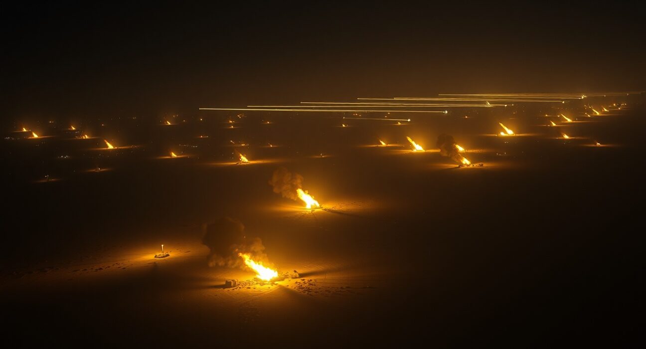 Night airstrike explosions in Middle Eastern desert landscape