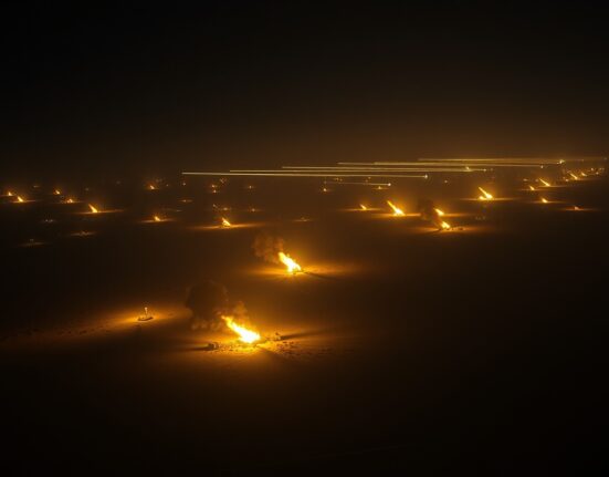 Night airstrike explosions in Middle Eastern desert landscape