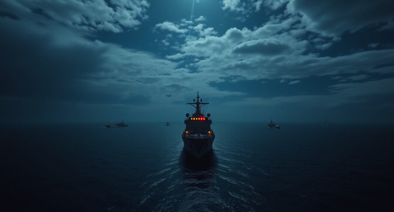 Nighttime view of a naval vessel in the Strait of Hormuz with distant flashes of military activity on the horizon.