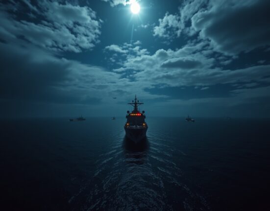 Nighttime view of a naval vessel in the Strait of Hormuz with distant flashes of military activity on the horizon.