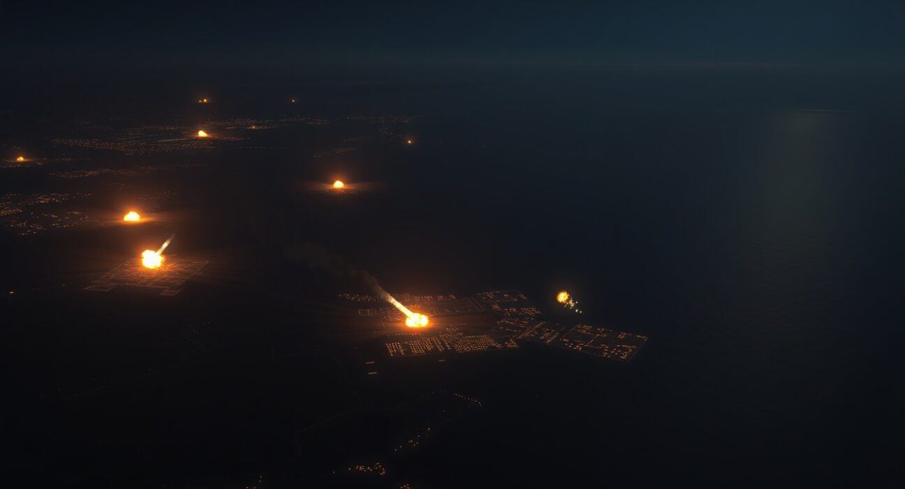 Nighttime aerial view of precision strikes on Iranian coastal military sites with explosions near the Persian Gulf.