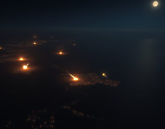 Nighttime aerial view of precision strikes on Iranian coastal military sites with explosions near the Persian Gulf.