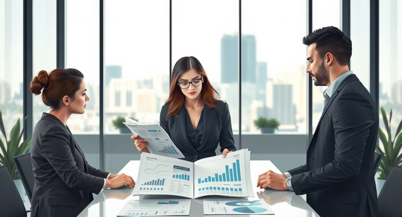 Business professionals analyzing the US Challenger Report job cuts and hiring data in a corporate office setting.
