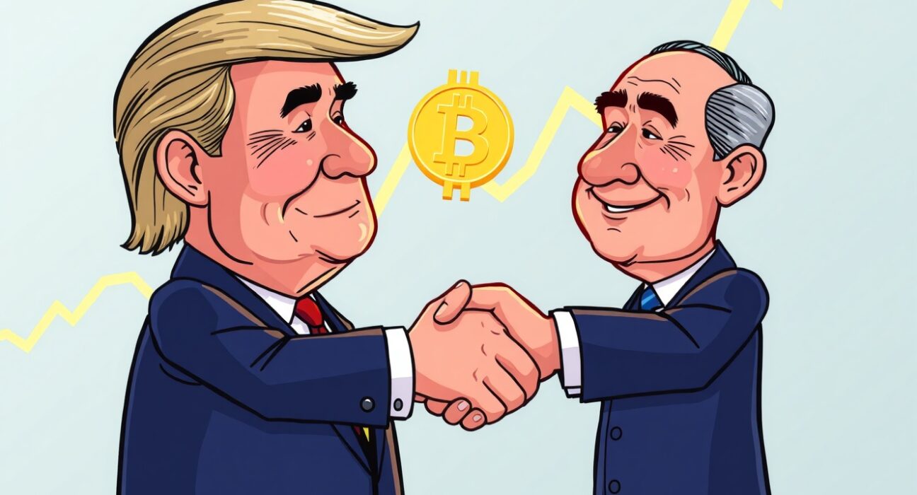 A cartoon illustrating global leaders discussing, symbolizing the potential US-China crypto impact on digital asset markets.