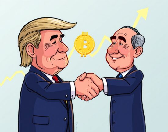 A cartoon illustrating global leaders discussing, symbolizing the potential US-China crypto impact on digital asset markets.