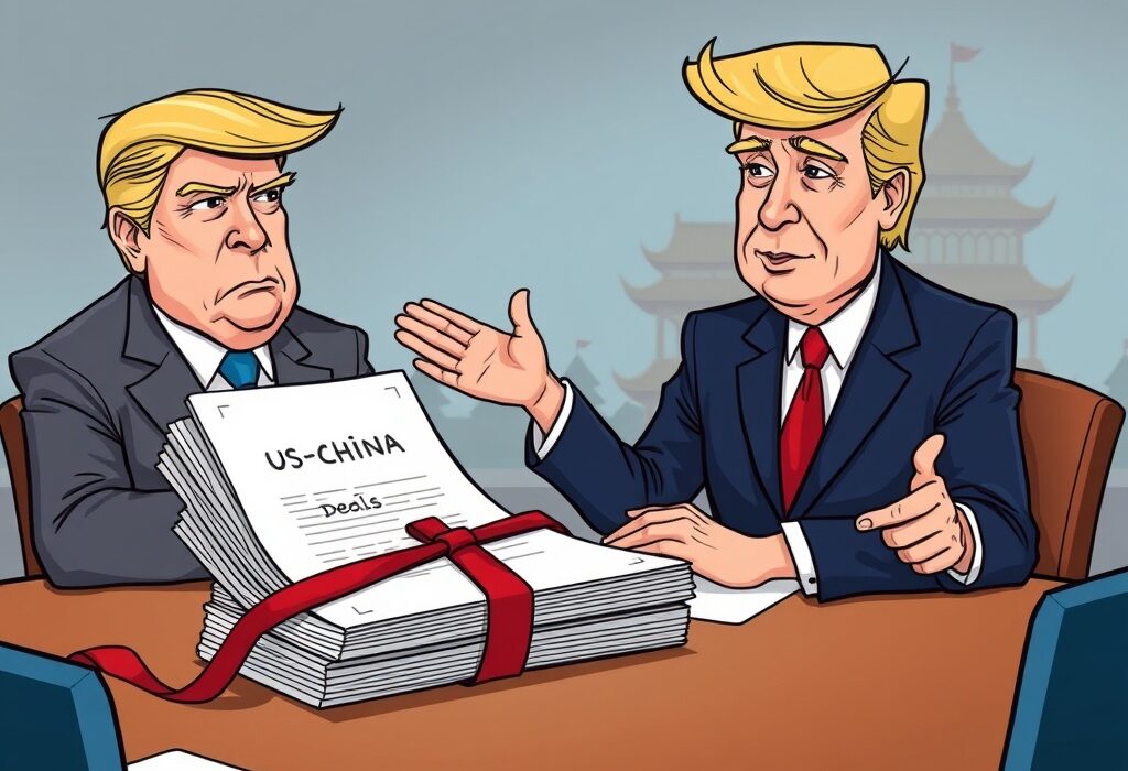 A cartoon illustration symbolizing the critical role of presidential approval in future US-China deals, highlighting economic policy decisions.
