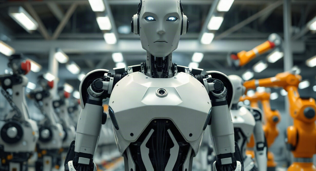 Humanoid robots in a manufacturing facility, representing the global robotics industry