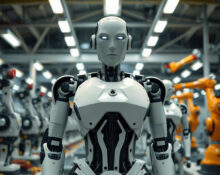 Humanoid robots in a manufacturing facility, representing the global robotics industry