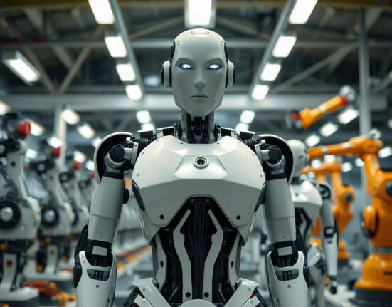 Humanoid robots in a manufacturing facility, representing the global robotics industry