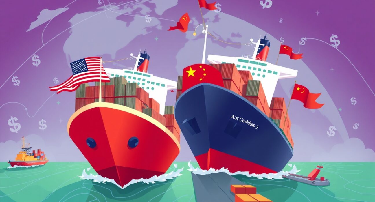 Cartoon showing US and Chinese ships symbolizing reduced US China port fees, highlighting the positive impact on global trade.