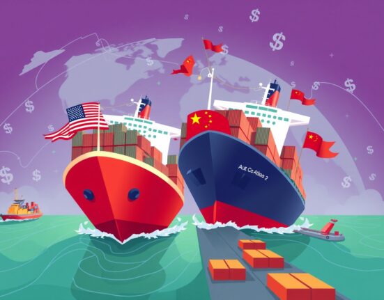 Cartoon showing US and Chinese ships symbolizing reduced US China port fees, highlighting the positive impact on global trade.