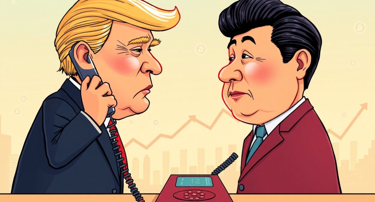 Cartoon illustration of President Trump and President Xi Jinping on a phone call, symbolizing the potential US-China relations crypto impact on global markets.