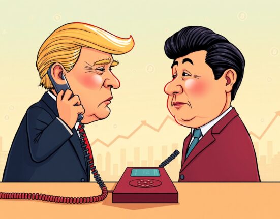 Cartoon illustration of President Trump and President Xi Jinping on a phone call, symbolizing the potential US-China relations crypto impact on global markets.