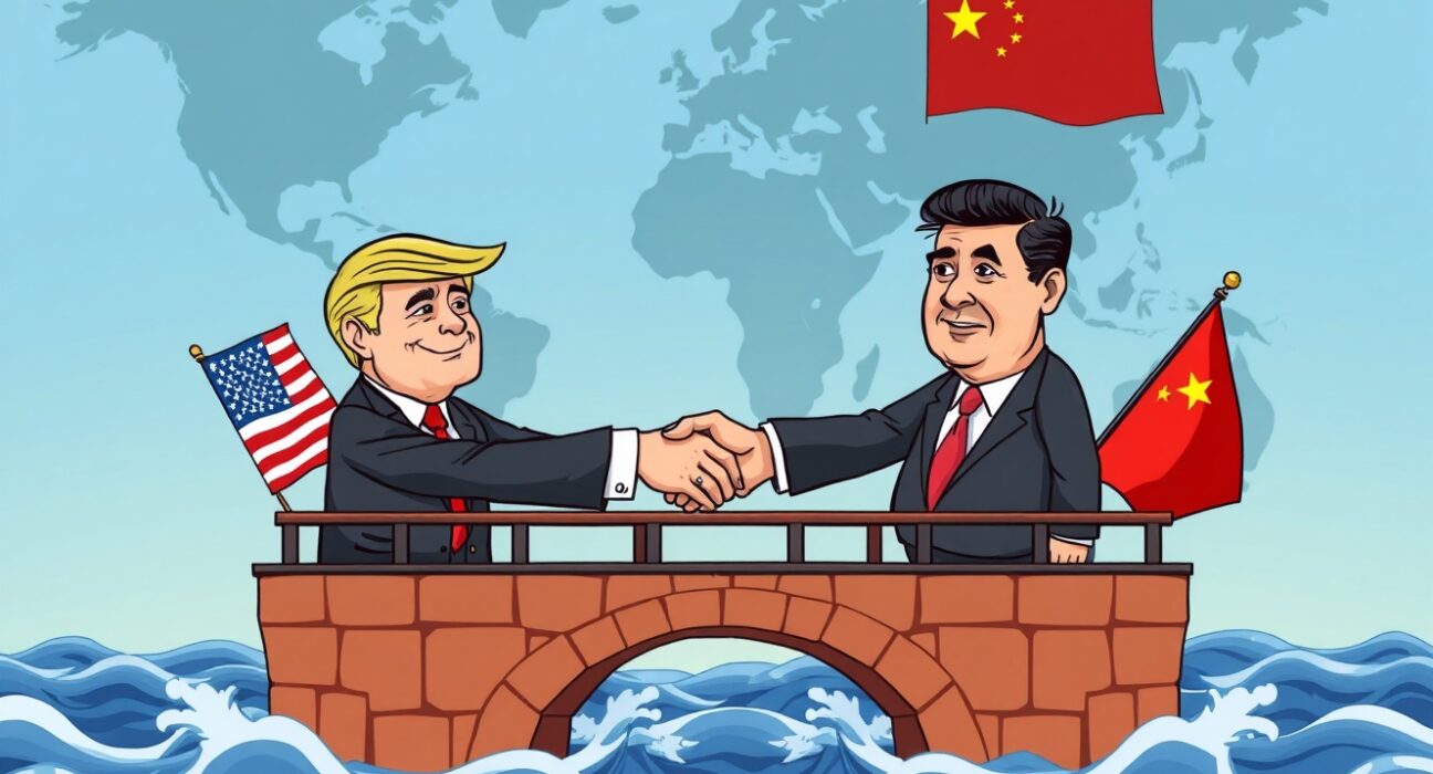 Cartoon leaders shake hands on a bridge over stormy seas, symbolizing crucial US-China relations moving forward despite challenges.